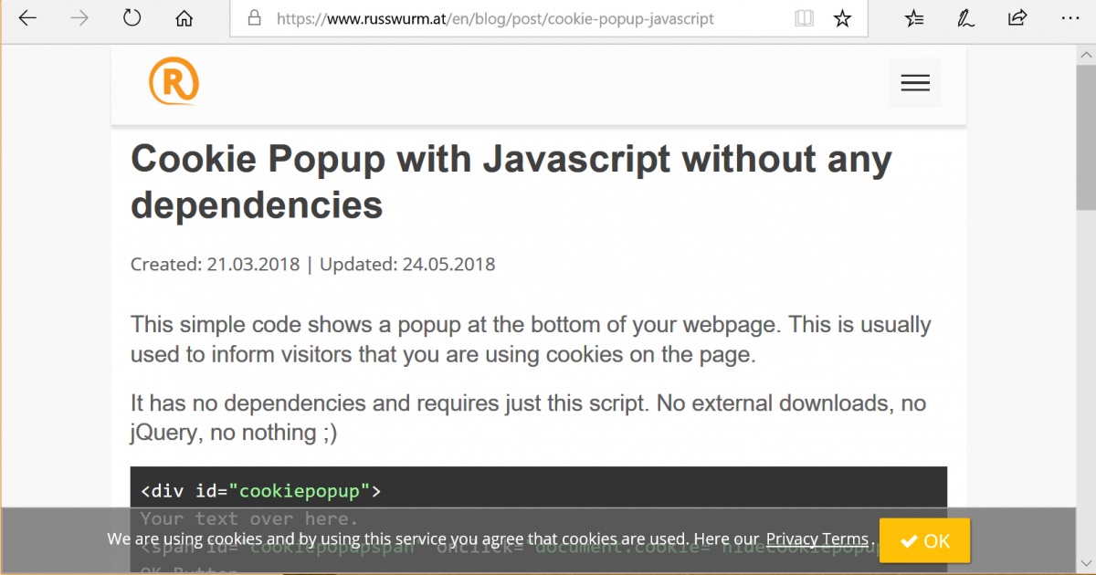 Cookie Popup with Javascript without any dependencies